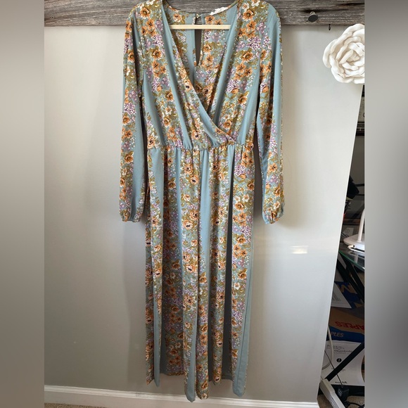 june & hudson Pants - June & Hudson Blue Wrap Jumpsuit with Bishop Sleeves